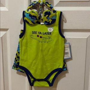 New with tags. 3 piece onesie, shorts and shoes.